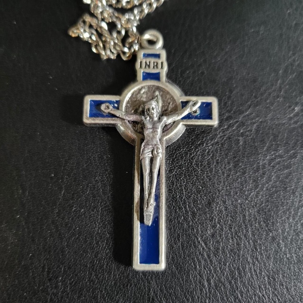 Vintage Etain Eau de Lourdes Blue Enamel Crucifix Cross Necklace 1.75" Goth